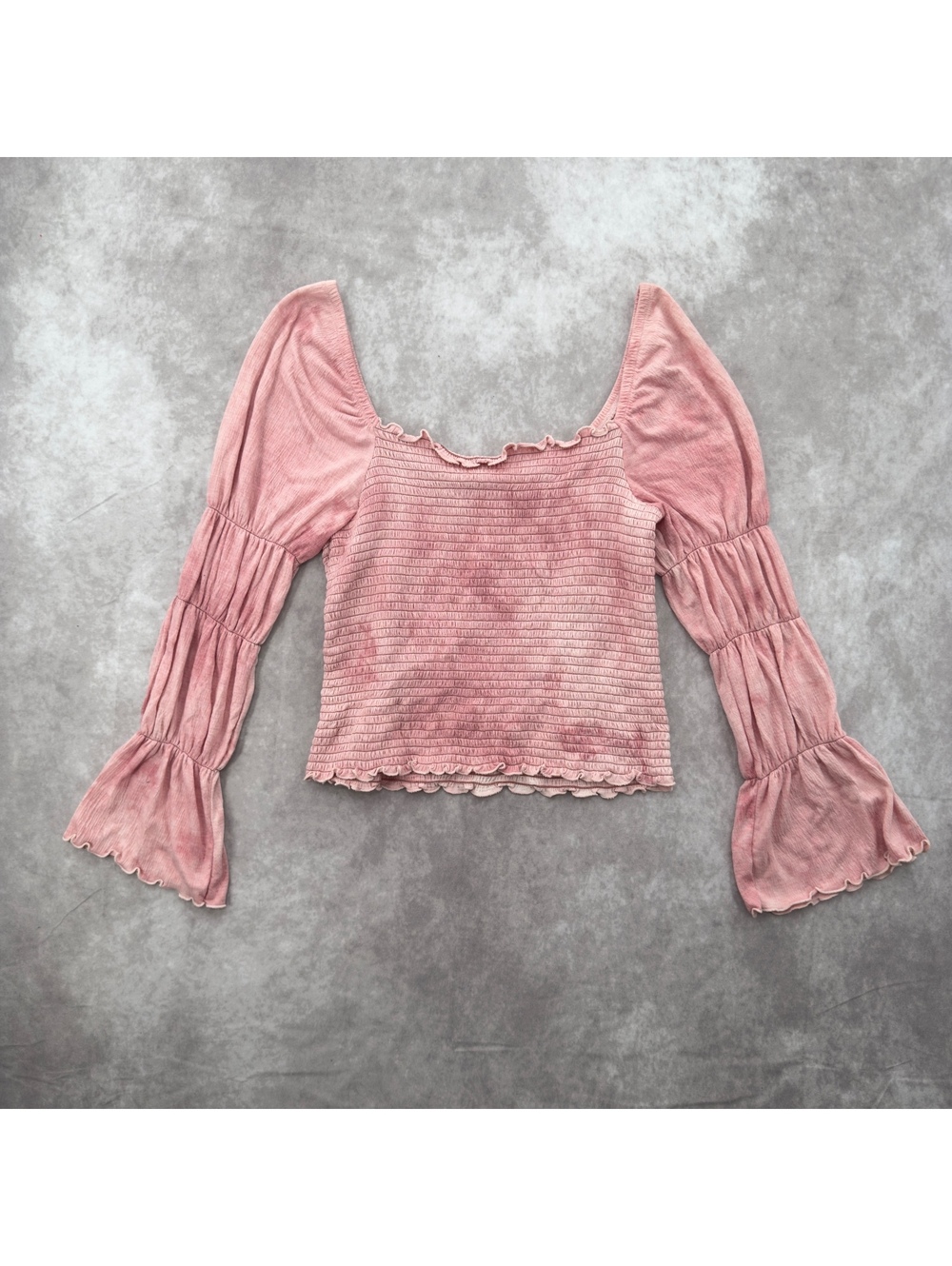 Rewash Smocked Tie Dye Bell Sleeve Off shoulder Crop Top Blouse